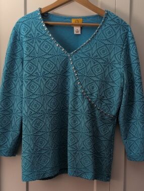 Ruby Rd. Teal Crystal-Trim V-Neck Top